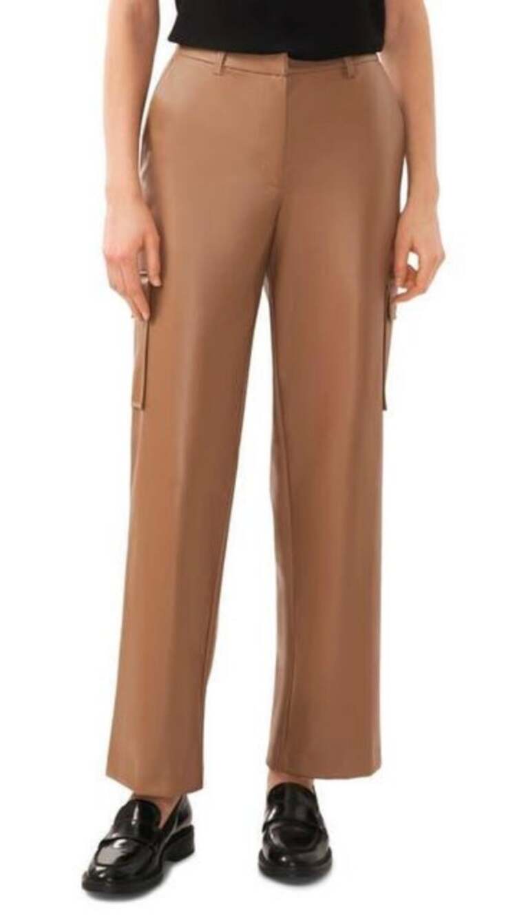 Halogen Womens Pants Medium Tan Brown Wide Leg Faux Leather Cargo Natural NWOT